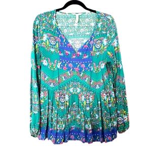Matilda Jane Blue/Green Tie neck Blouse Sz.XL